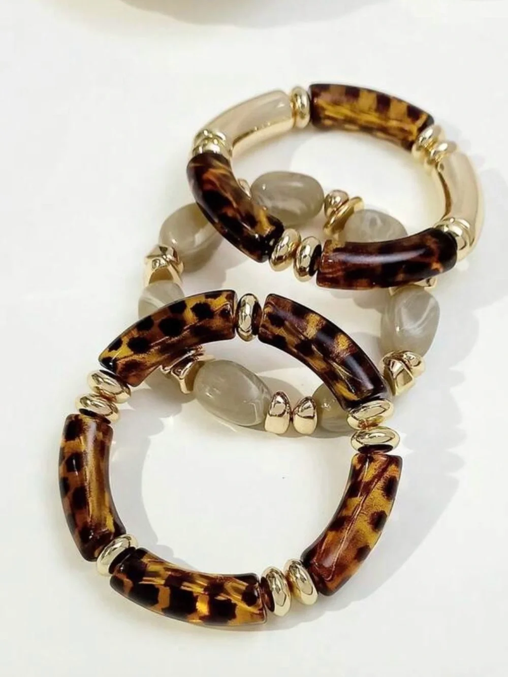 Vintage boho Leopold print acrylic & Gold Stretch beaded Bracelet -high end